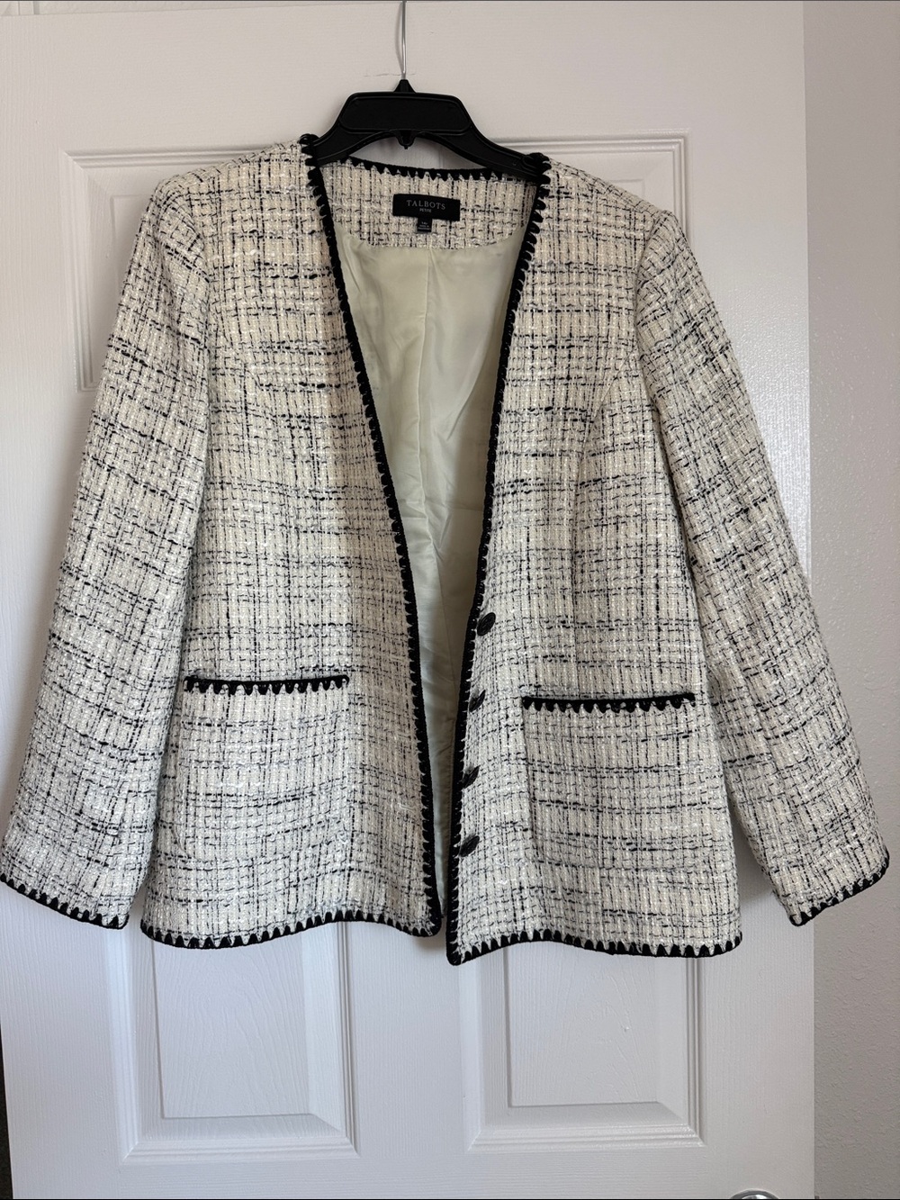 Talbots Cream and Black Tweed Open-Front Blazer